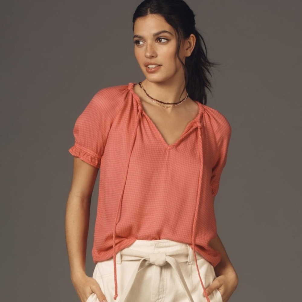 Anthropologie Cloth & Stone Short sleeve tie neck pink Rose gingham top NEW sm